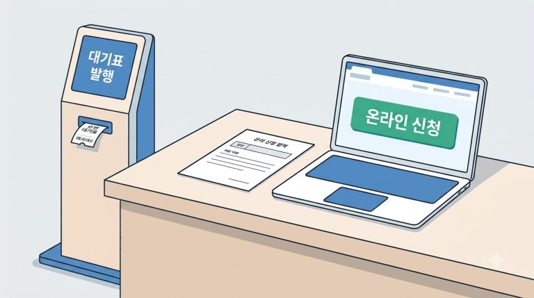 온라인 신청 단추가 켜진 노트북과 접수 창구 서류