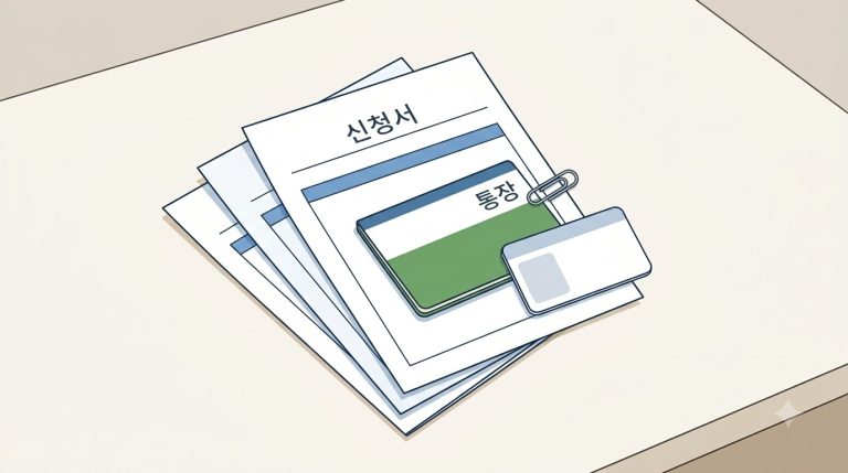 펼쳐 놓은 신청서 세 장과 통장과 빈 카드